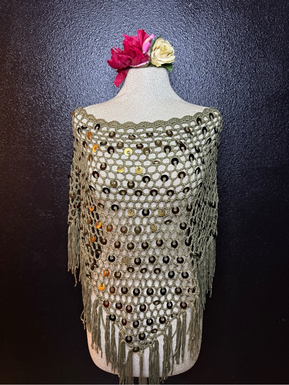Dizzy Olive Green Crocheted Fringe Poncho with Sequin Detail